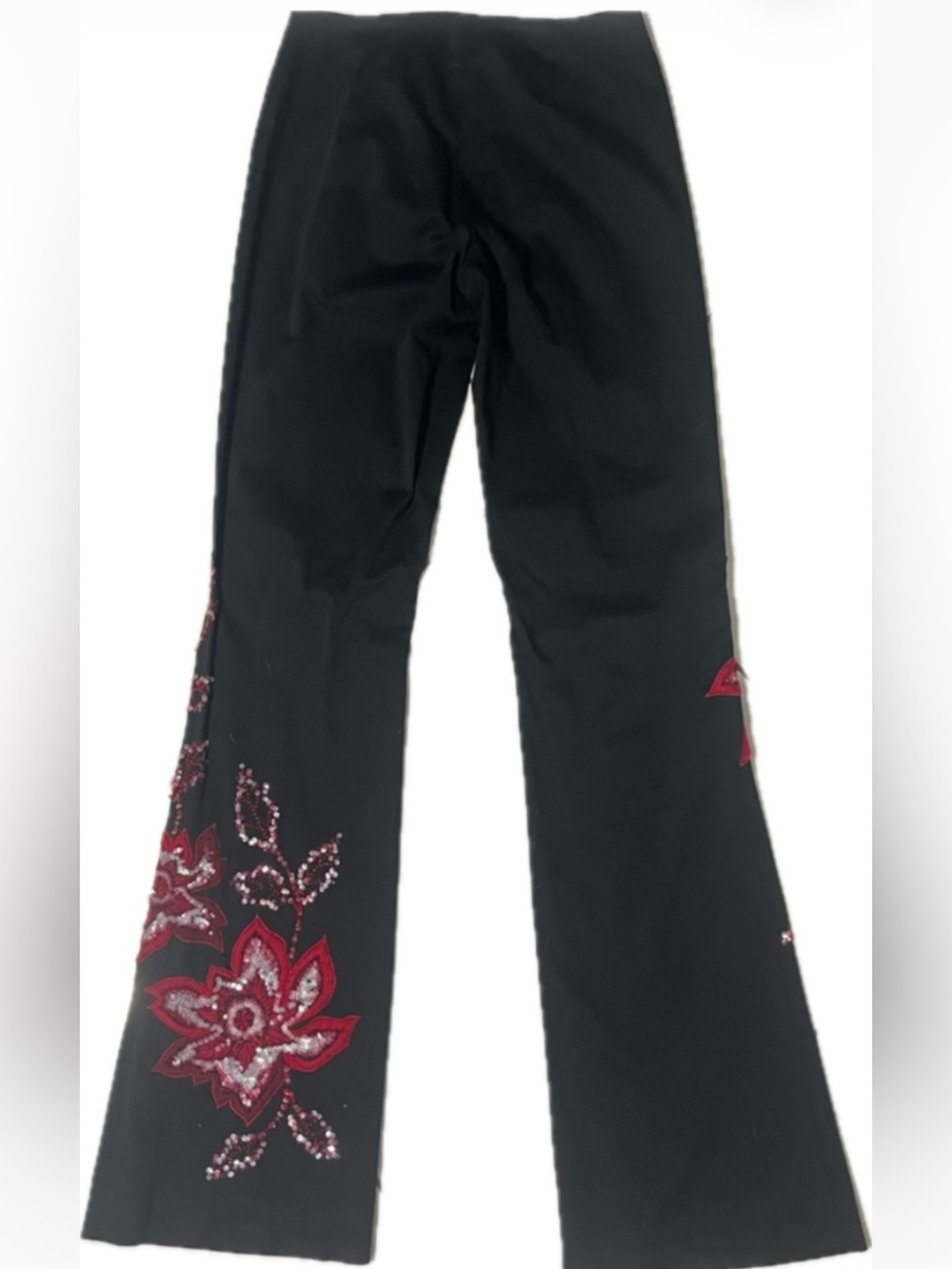 Cache Black red bead sequin embroidered pants boot cut flare leg stretch vintage